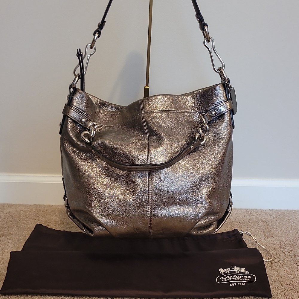 Coach Metallic Pewter Leather Hobo Shoulder Bag